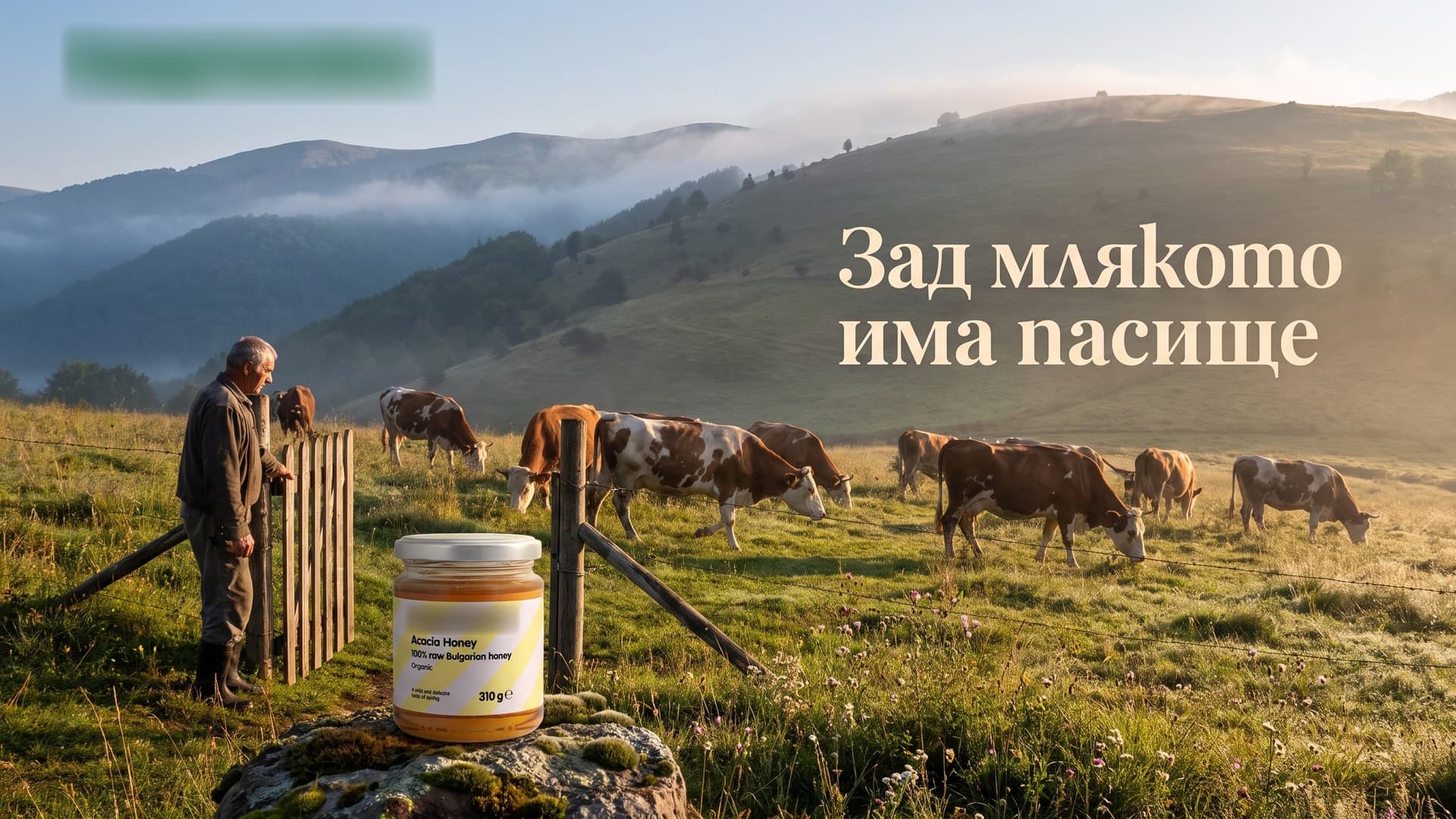 Organic food ad, Landscape · 16:9: "Behind the milk, there is a pasture"